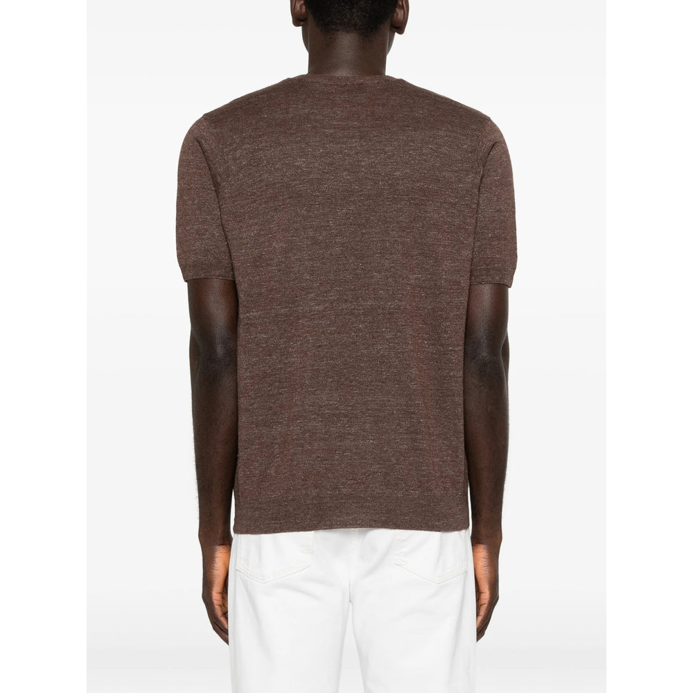 Scaglione Crew Neck Cotton-Linen T-Shirt — Brown, view 3