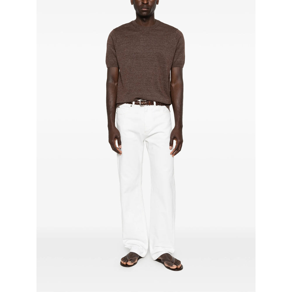 Scaglione Crew Neck Cotton-Linen T-Shirt — Brown, view 4