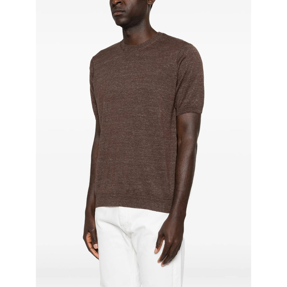 Scaglione Crew Neck Cotton-Linen T-Shirt — Brown, view 5