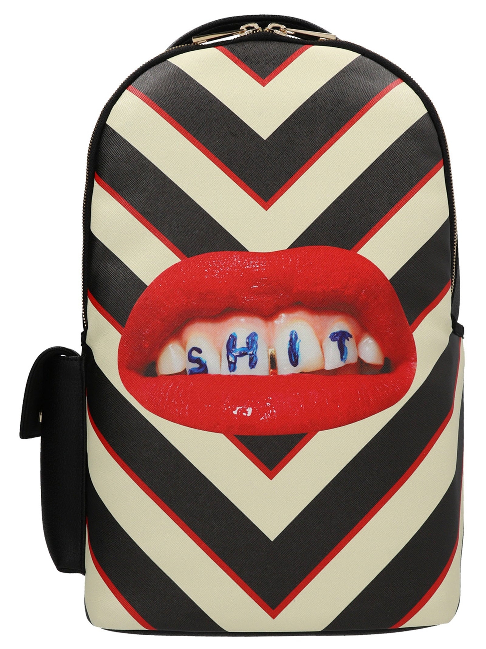 Seletti Chevron-Print with Graphic Lip Embellishment Backpack — Black by Seletti