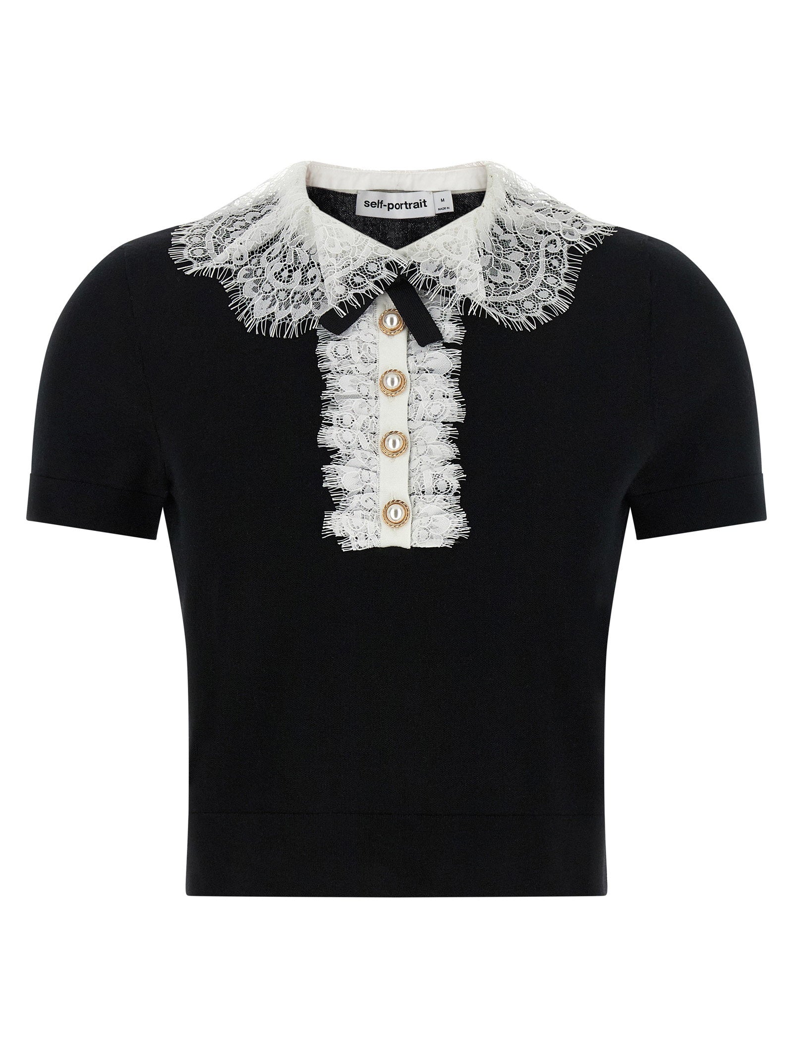 Self-Portrait Lace Collar Wool Knit Blouse — Black by Self-Portrait