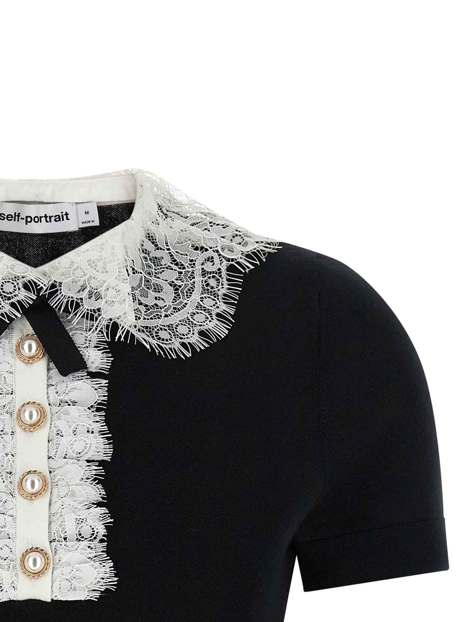 Self-Portrait Lace Collar Wool Knit Blouse — Black, view 3