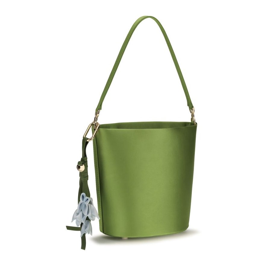 Self-Portrait Satin Bicolor Bucket Bag — Green, view 2