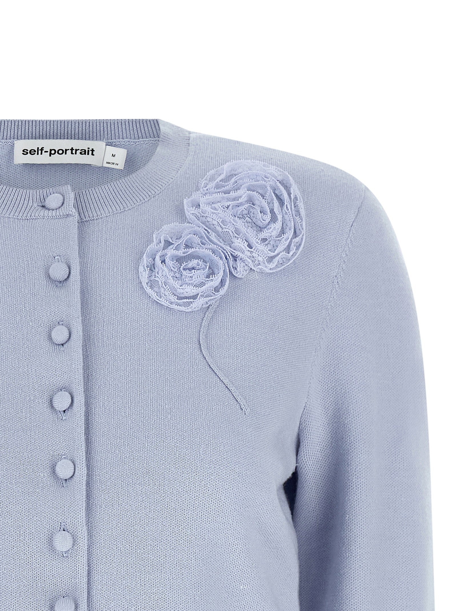 Self-Portrait Lace Flower-Embellished Knit Cardigan — Lavender, view 3
