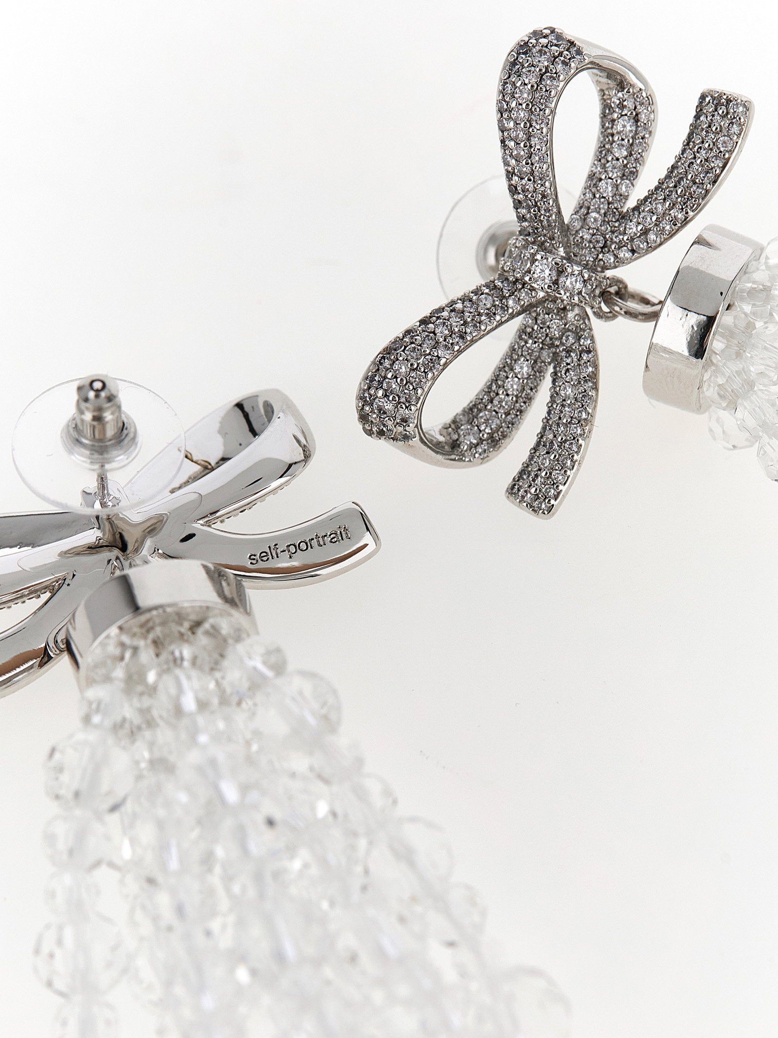 Self-Portrait Bow Beaded Waterfall Earrings — Silver, view 3