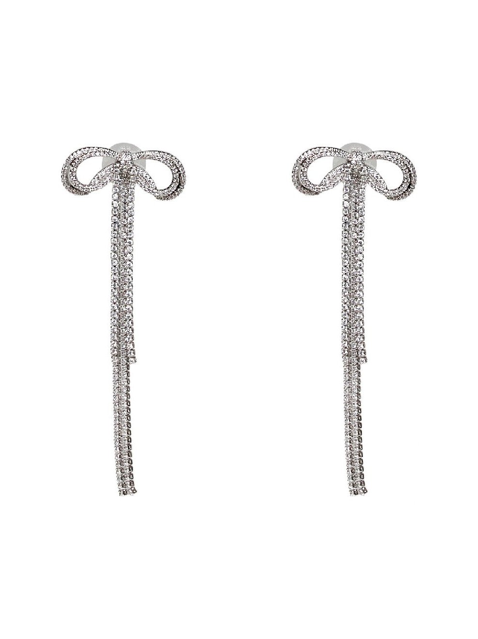 Self-Portrait Crystal-Embellished Bow Droplet Earrings — Silver by Self-Portrait