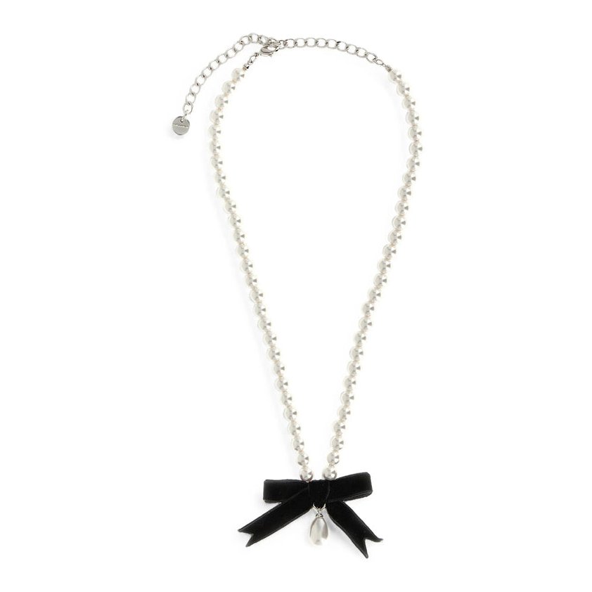 Self-Portrait Pearl and Velvet Bow Necklace — White by Self-Portrait