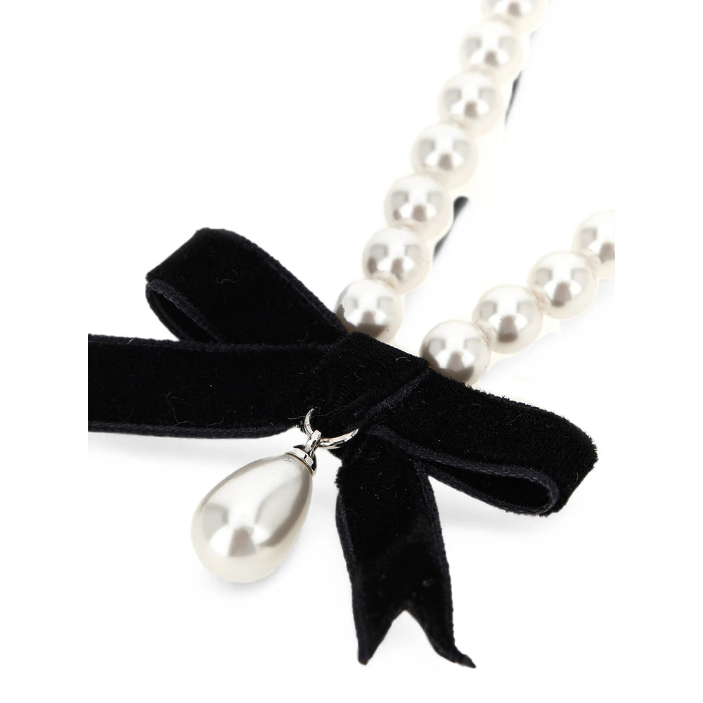 Self-Portrait Pearl and Velvet Bow Necklace — White, view 2