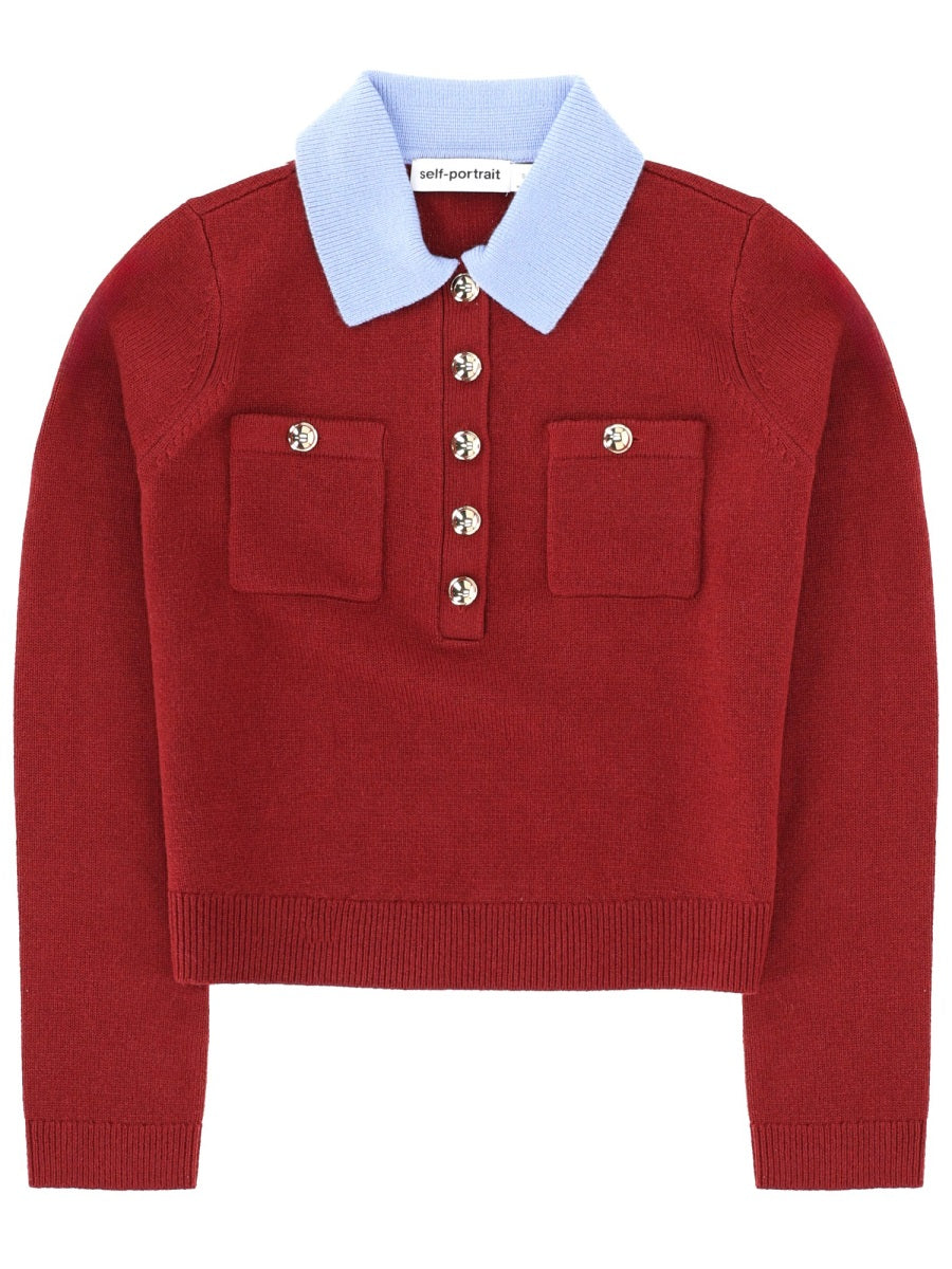 Self-Portrait Wool and Alpaca Blend Polo Top — Burgundy by Self-Portrait