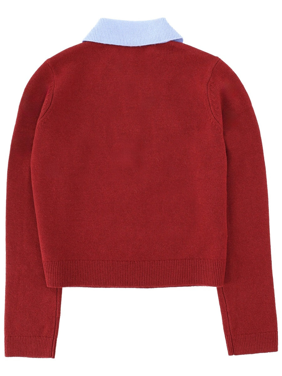 Self-Portrait Wool and Alpaca Blend Polo Top — Burgundy, view 2