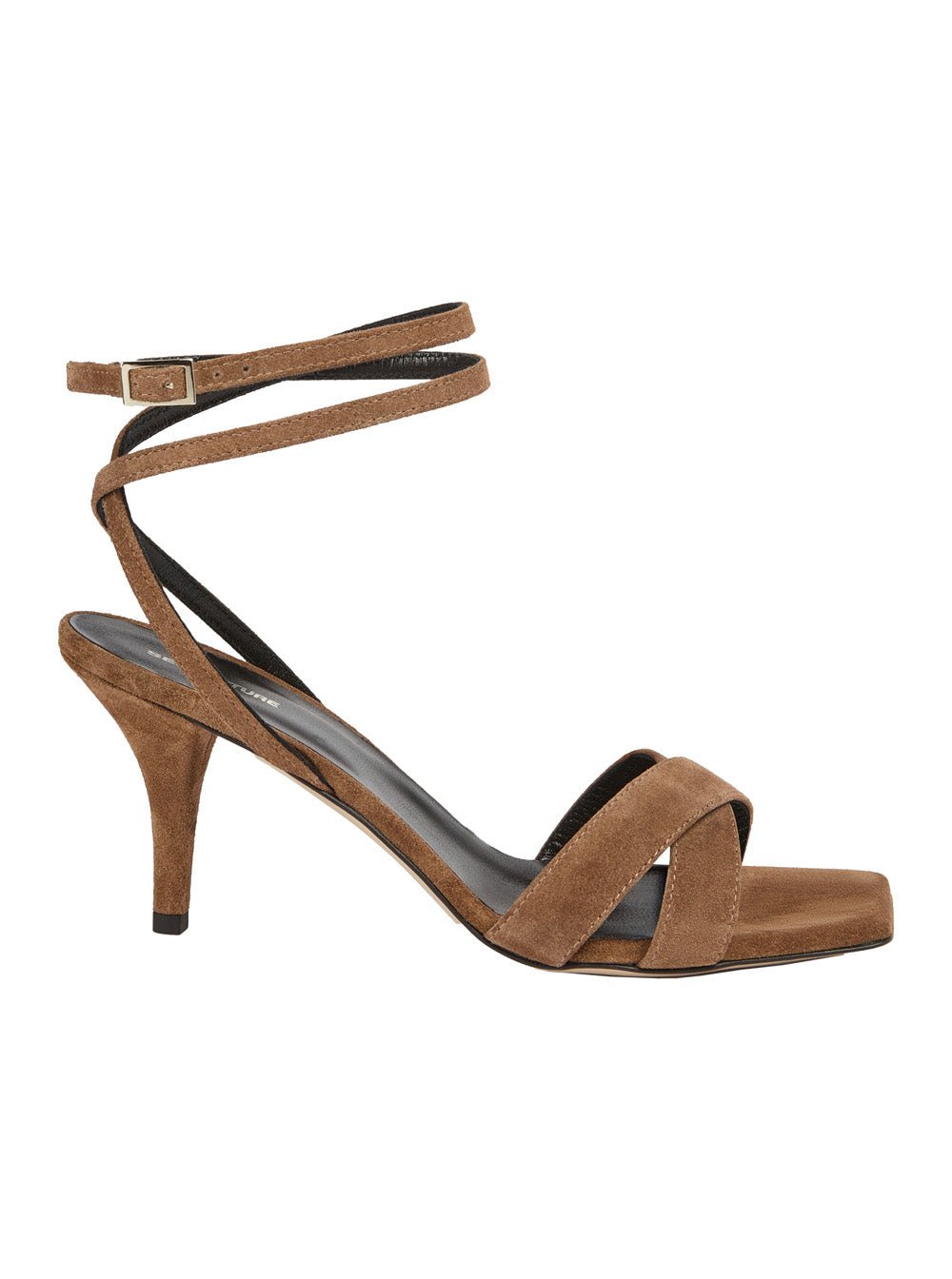 Semicouture Square-Toe Suede Heel Sandal — Brown by Semicouture