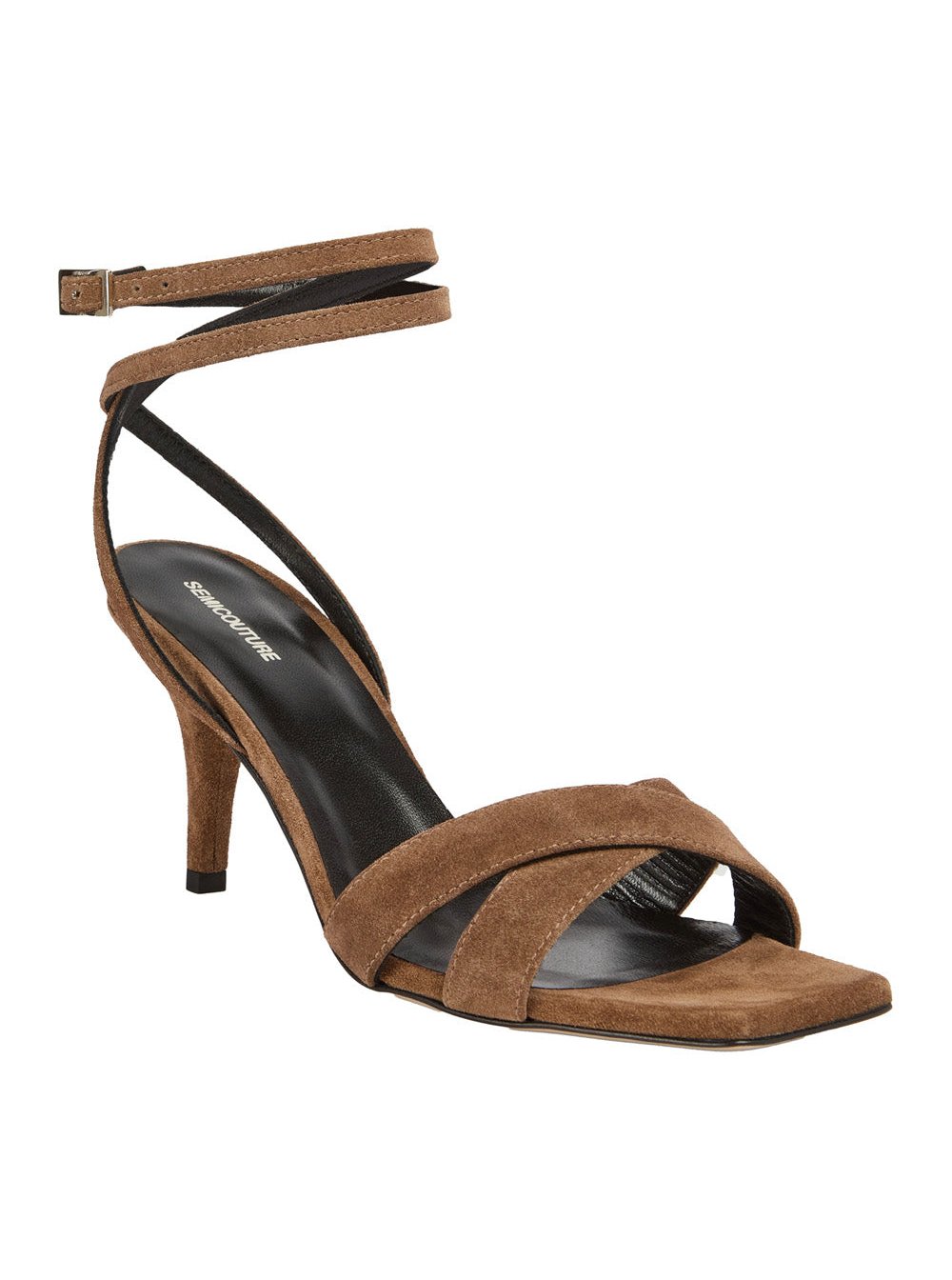 Semicouture Square-Toe Suede Heel Sandal — Brown, view 2