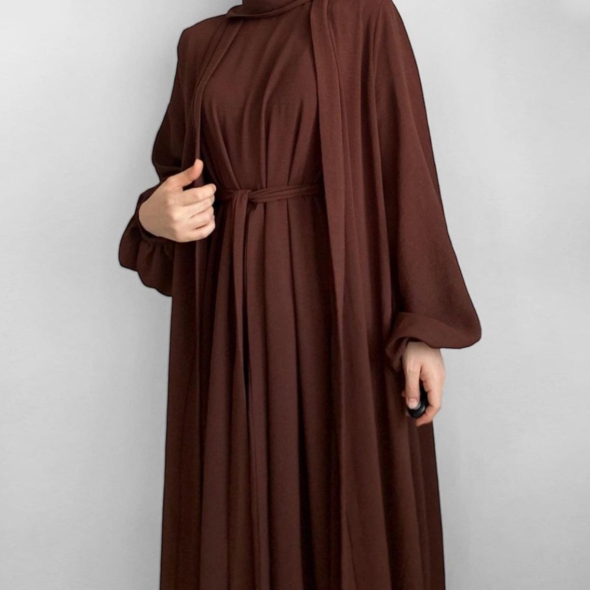 Solid Color Elegant Open Abaya with Pockets, view 3