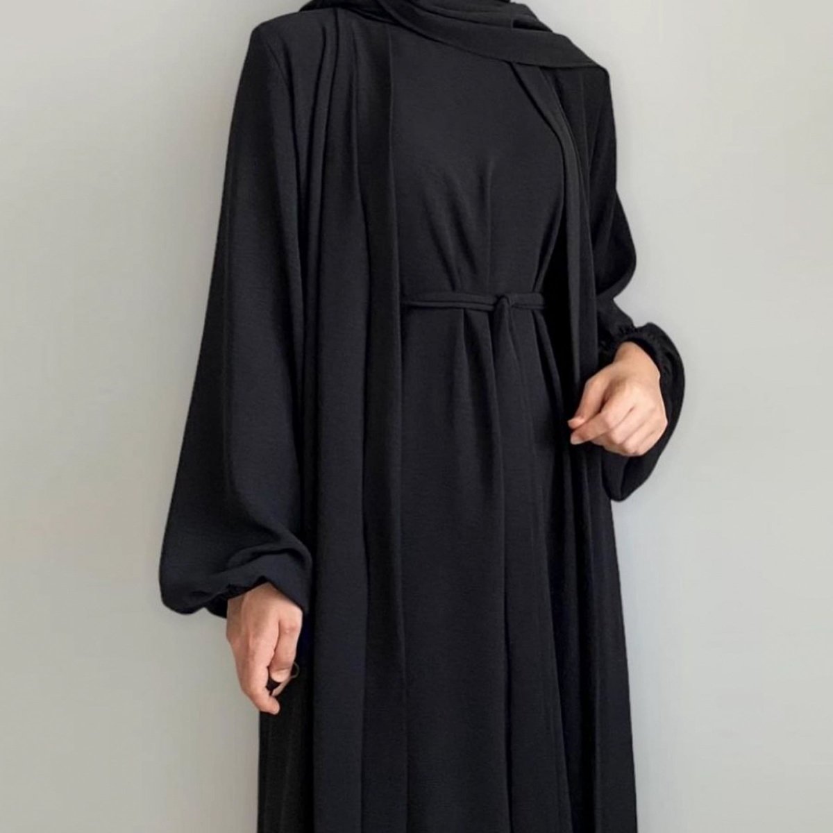Solid Color Elegant Open Abaya with Pockets, view 5