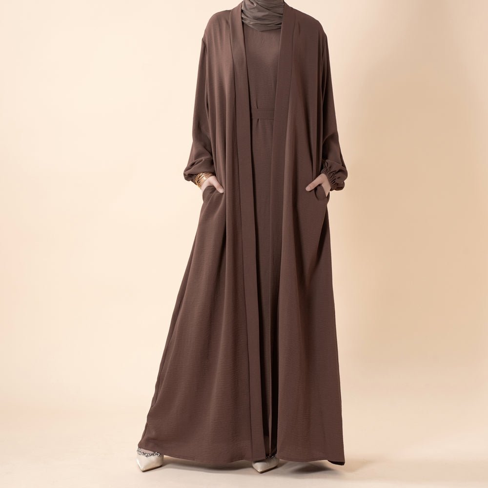 Solid Color Elegant Open Abaya with Pockets, view 7