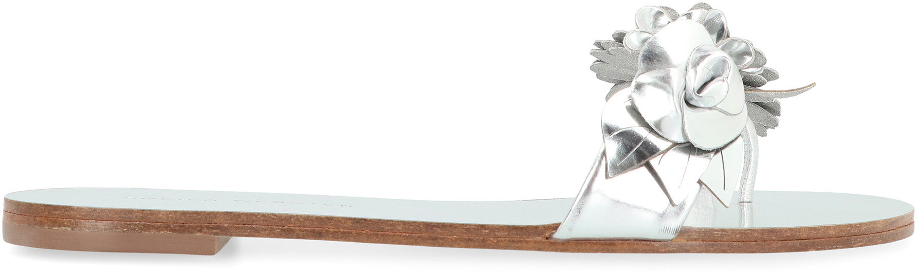 Sophie Webster Floral-Appliqué Leather Slides — Silver, view 2