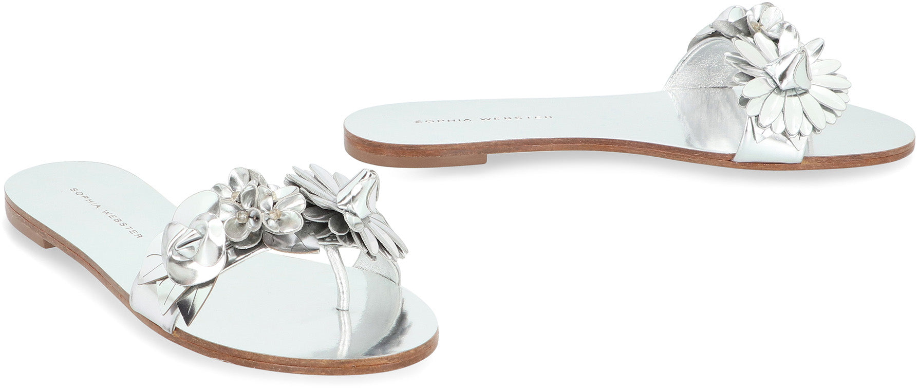 Sophie Webster Floral-Appliqué Leather Slides — Silver, view 3