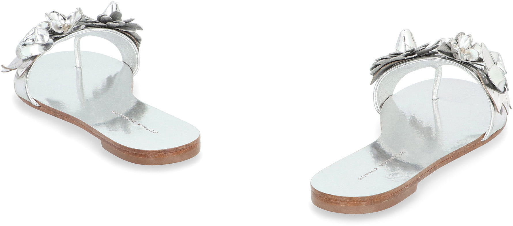 Sophie Webster Floral-Appliqué Leather Slides — Silver, view 4