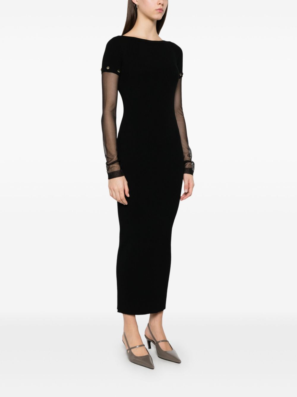 SPORTMAX PRE Mesh-Sleeve Knitted Dress — Black, view 2