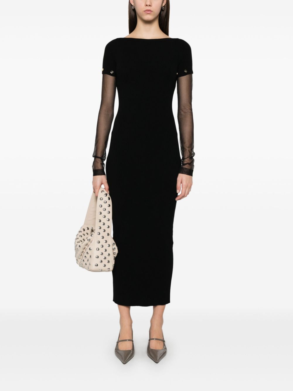 SPORTMAX PRE Mesh-Sleeve Knitted Dress — Black, view 4