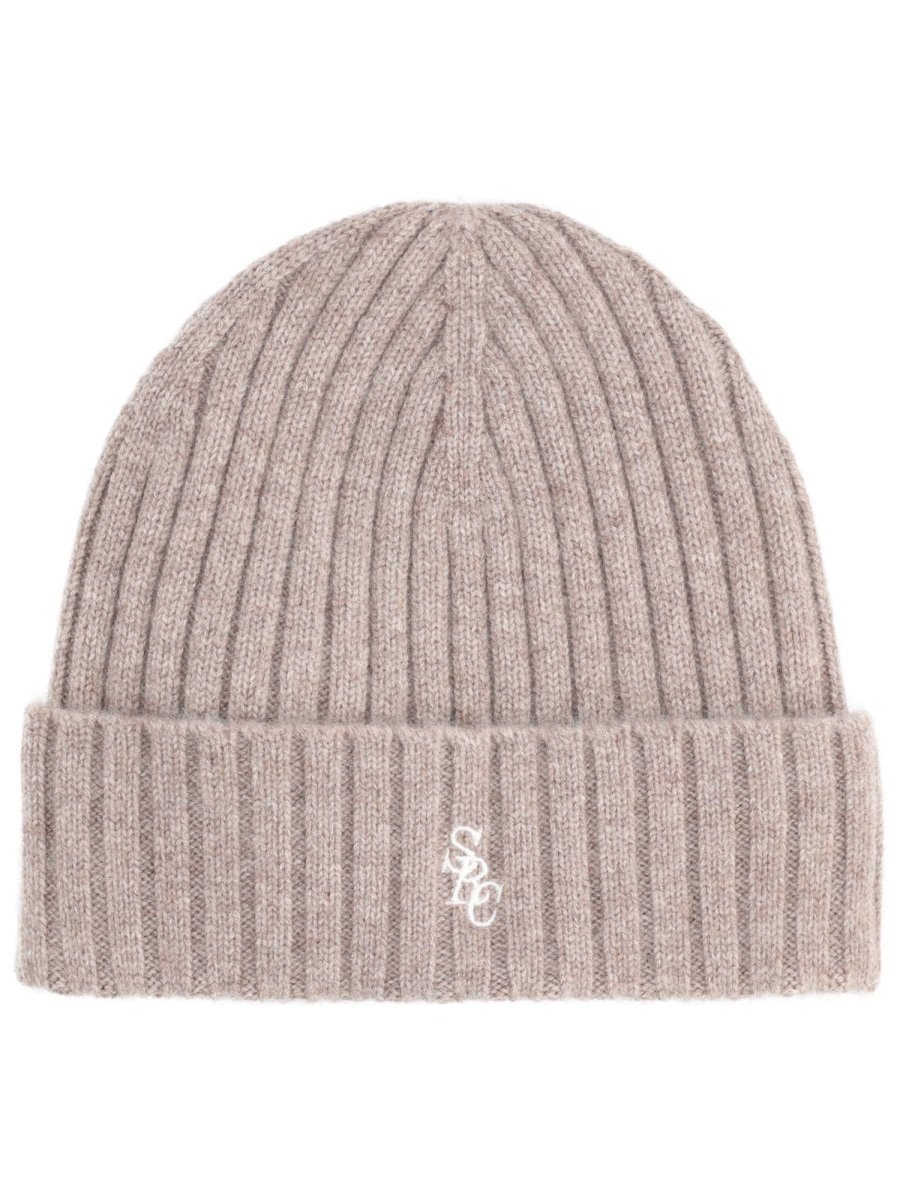 Sporty & Rich AC06666302BE24_TAPIOCA Cashmere Wool Logo Beanie — Brown by Sporty & Rich