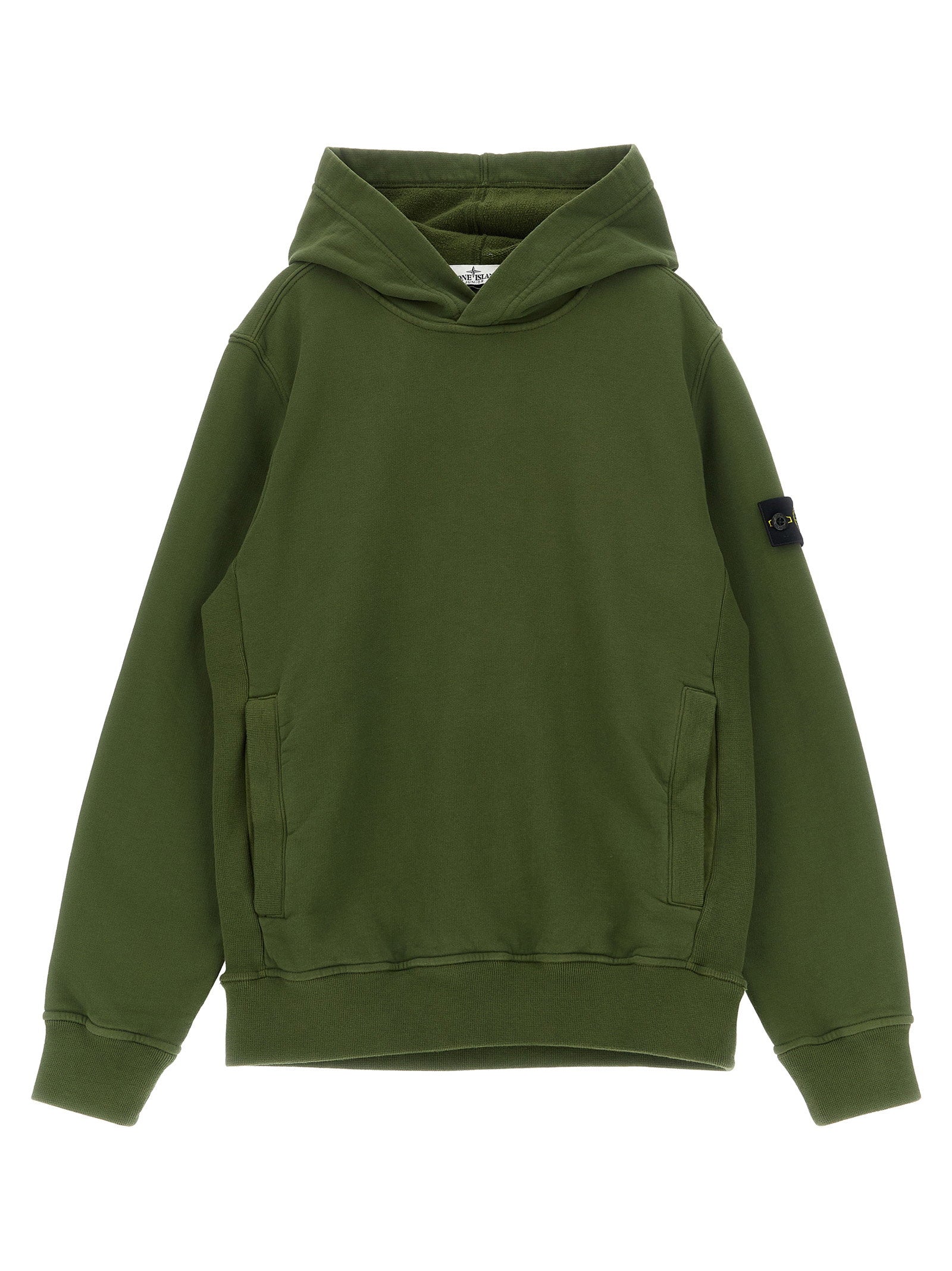 Stone Island Junior Badge Logo Cotton Hoodie — Olive by Stone Island Junior