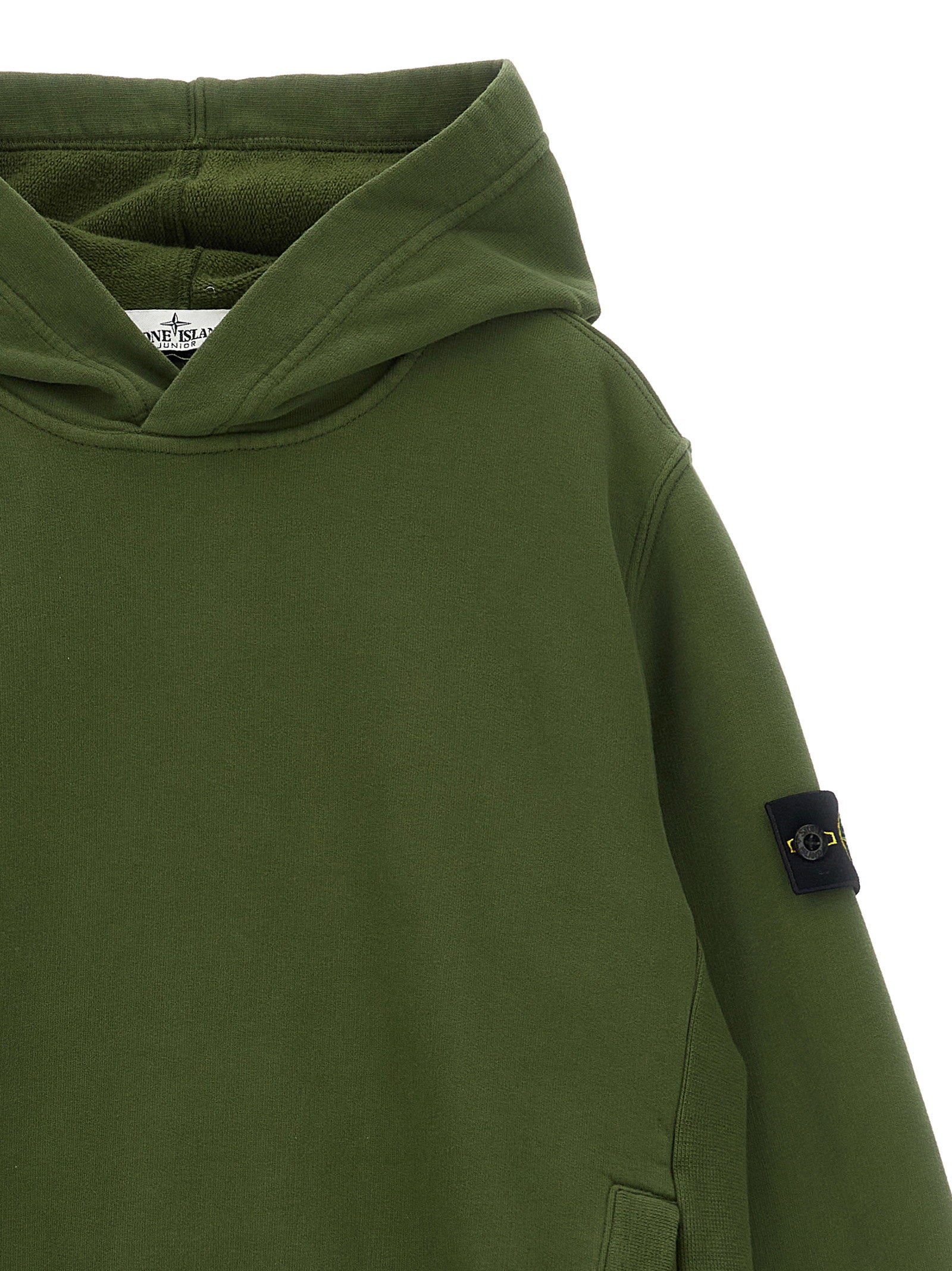 Stone Island Junior Badge Logo Cotton Hoodie — Olive, view 3