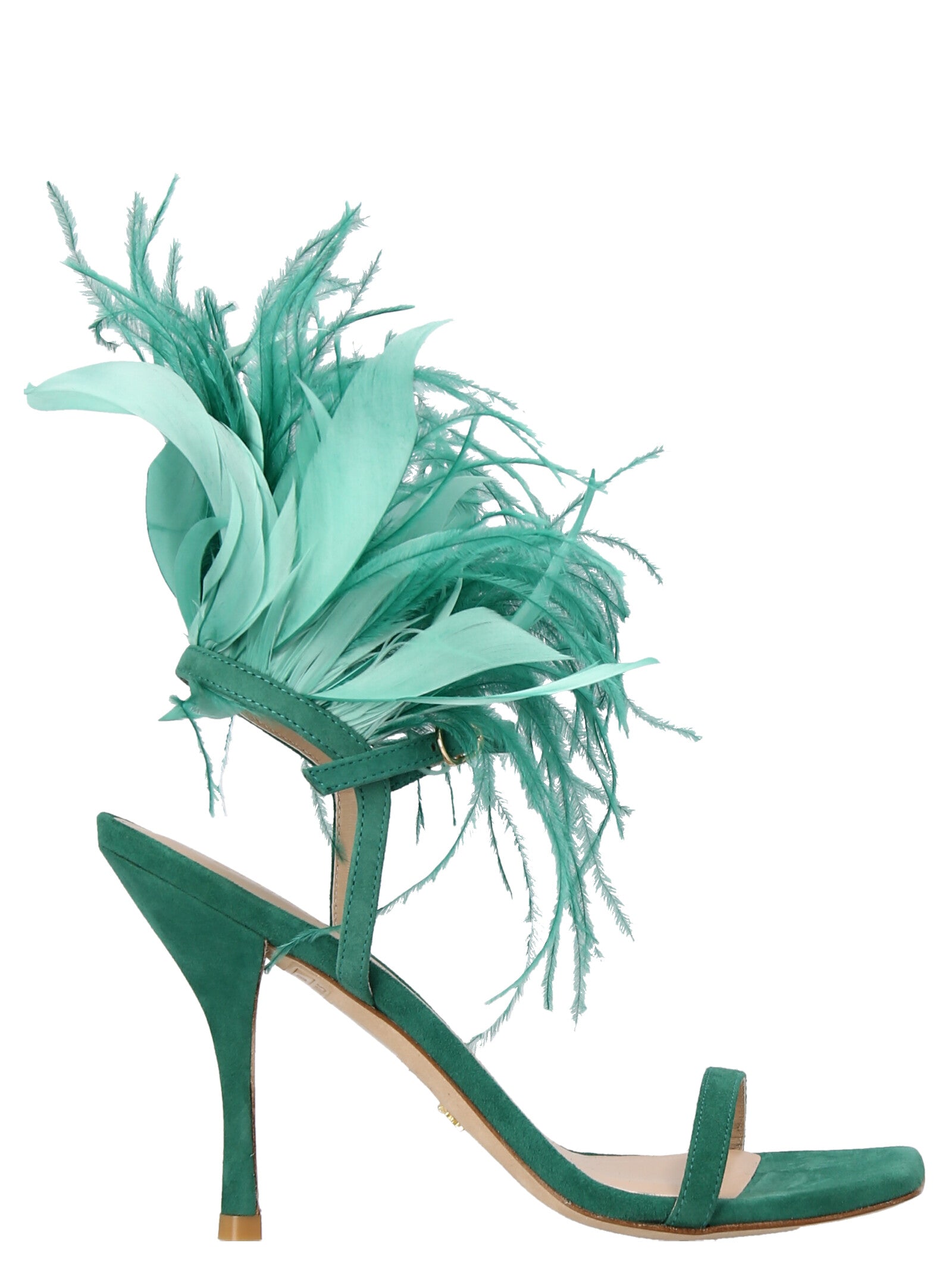 Stuart Weitzman Feather-Appliqué Suede Sandal — Green by Stuart Weitzman