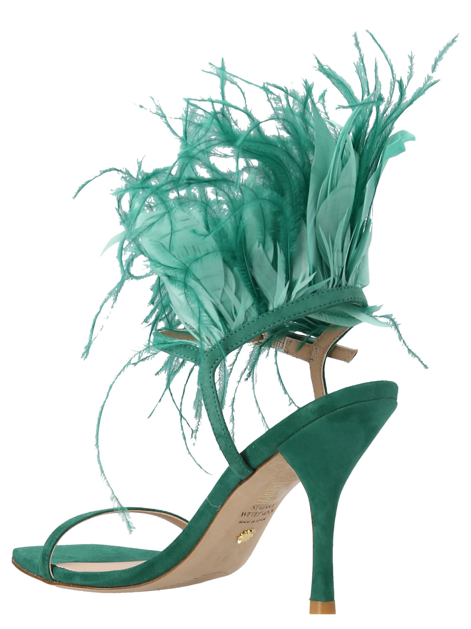 Stuart Weitzman Feather-Appliqué Suede Sandal — Green, view 2