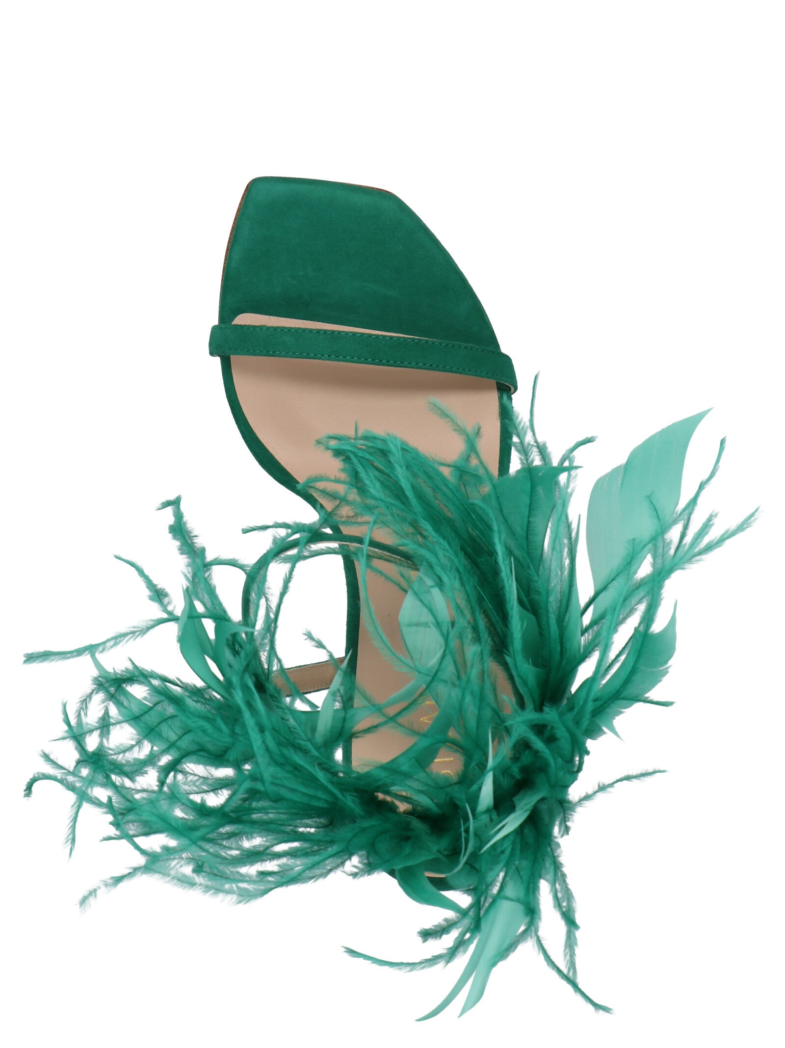 Stuart Weitzman Feather-Appliqué Suede Sandal — Green, view 3