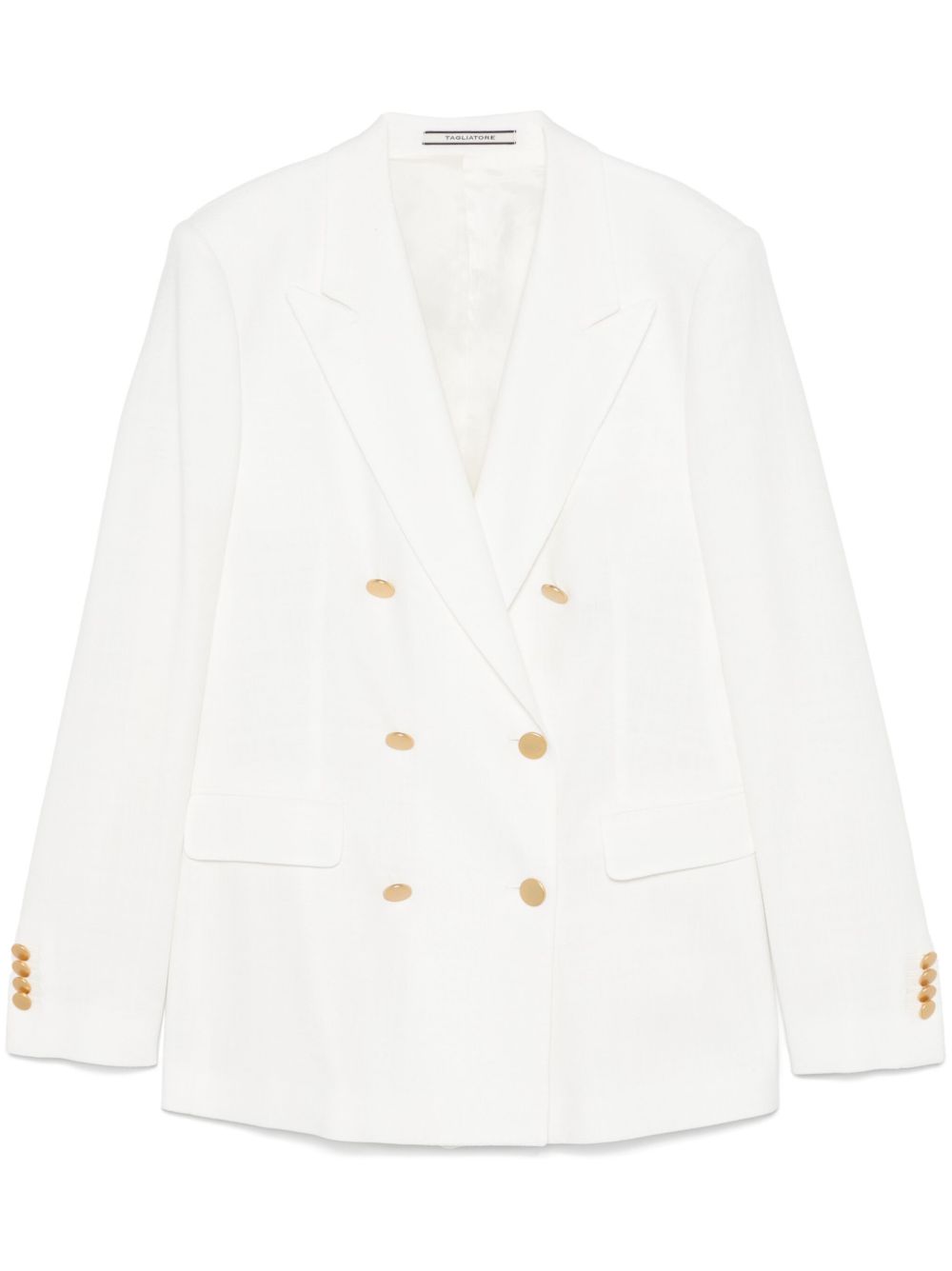 Tagliatore Double-Breasted Gold-Button Blazer — White by Tagliatore