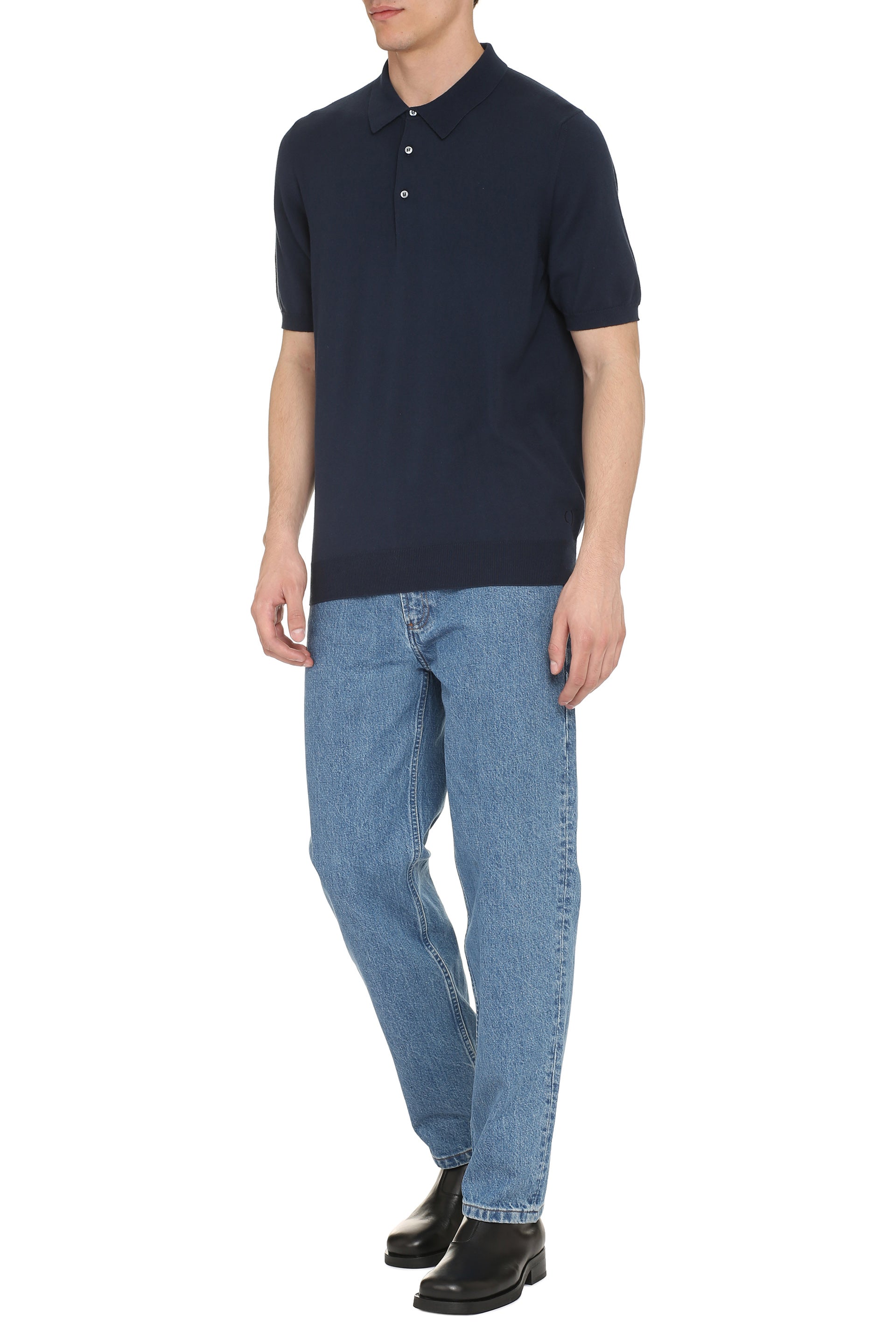 The Alphabet Cotton Knit Polo Shirt — Navy, view 3