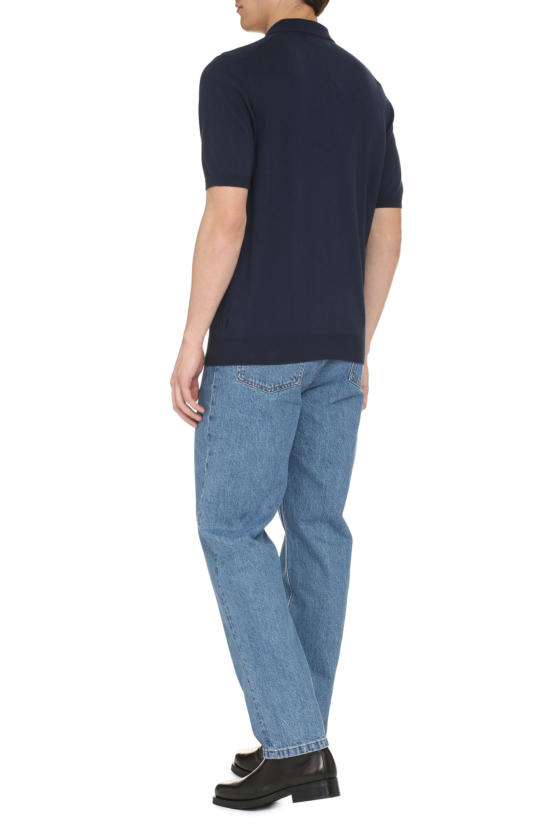 The Alphabet Cotton Knit Polo Shirt — Navy, view 4