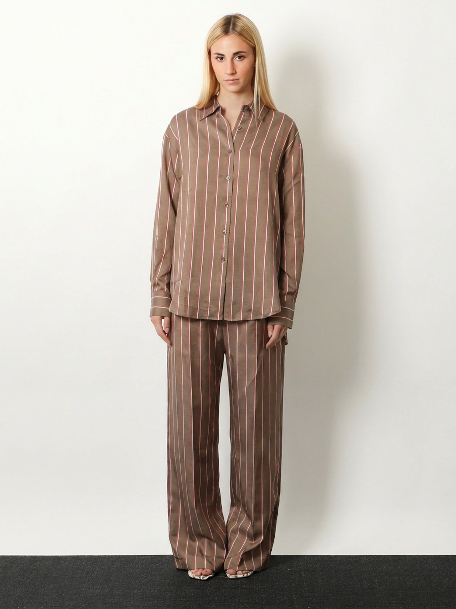 The Frankie Shop Viscose-Silk Striped Trousers — Brown, view 2