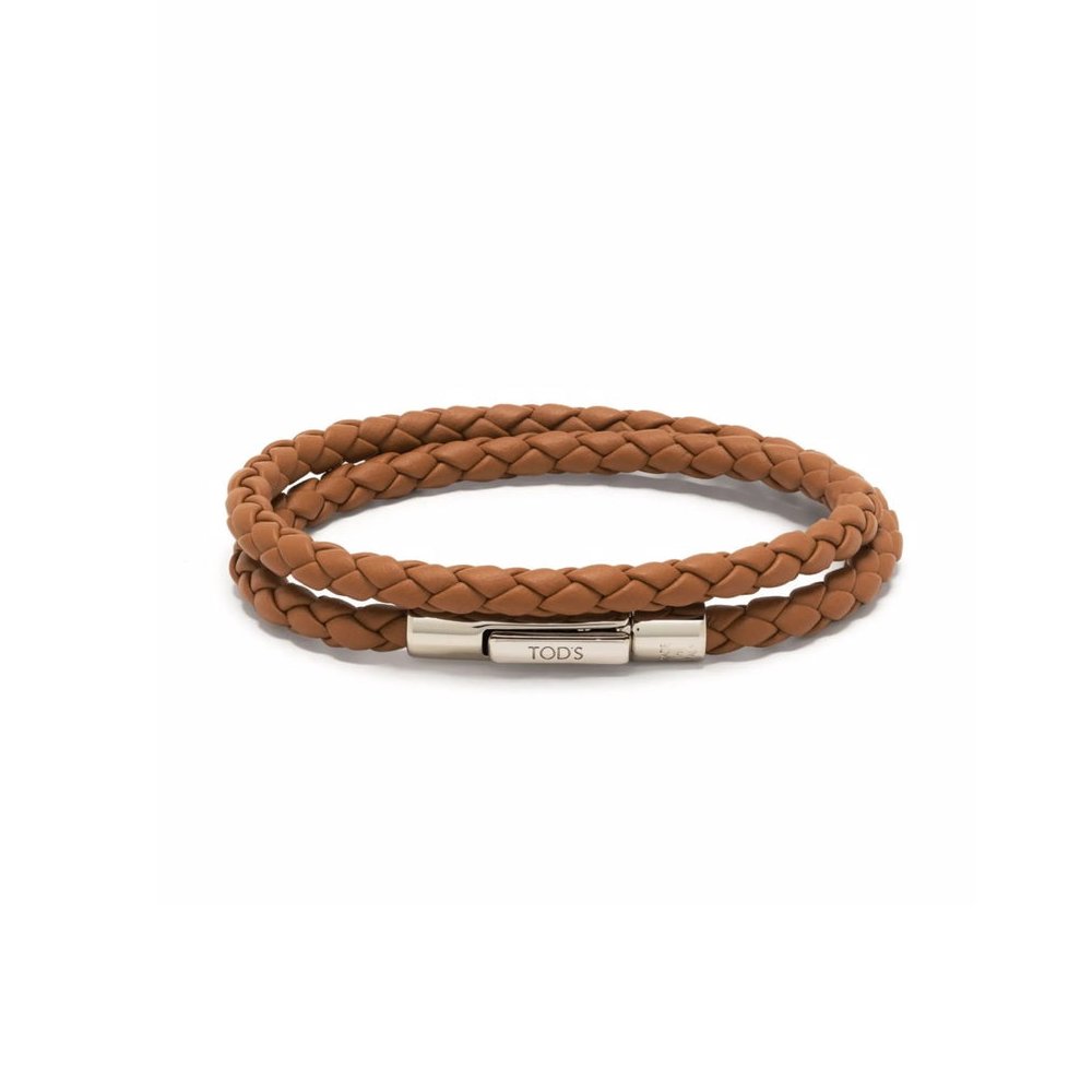 Tod's Leather Braided with Engraved Logo Clasp Bracelet — Brown by Tod'S