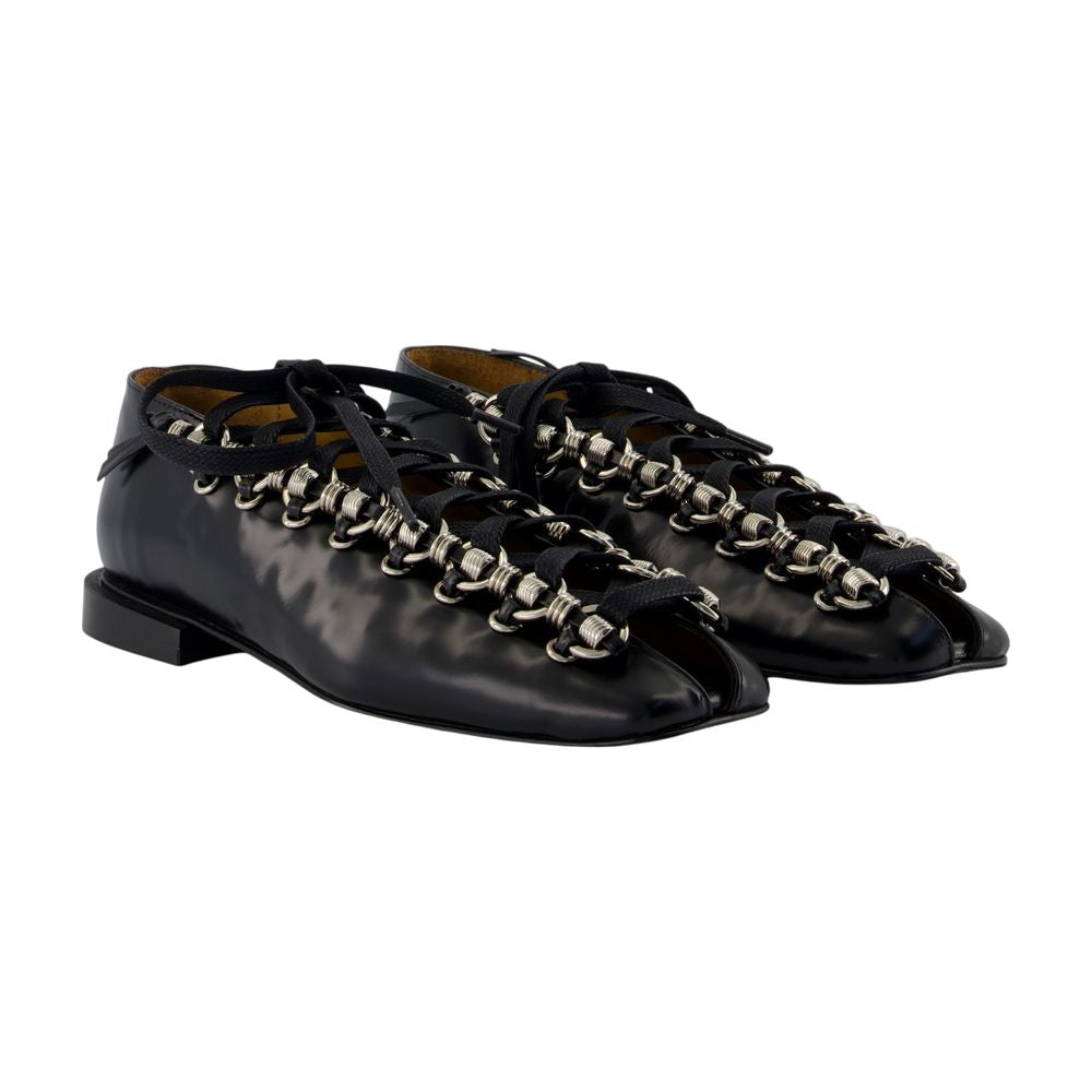 Toga Pulla Chain-Trimmed Calfskin Ballet Flat — Black, view 2