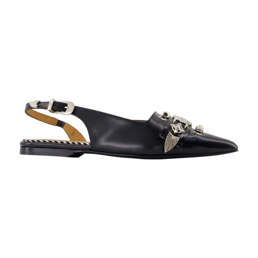 Toga Pulla Hardware-Embellished Calfskin Slingback Flat — Black by Toga Pulla