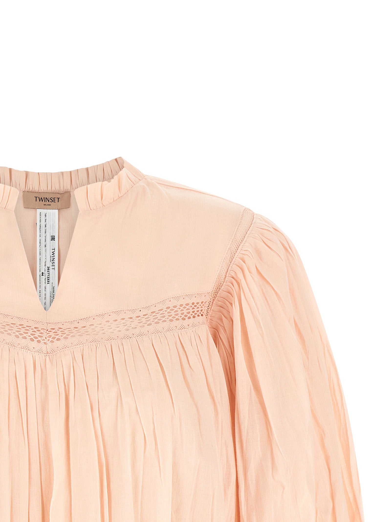 Twin Set Pleated Cotton Blouse — peach, view 3