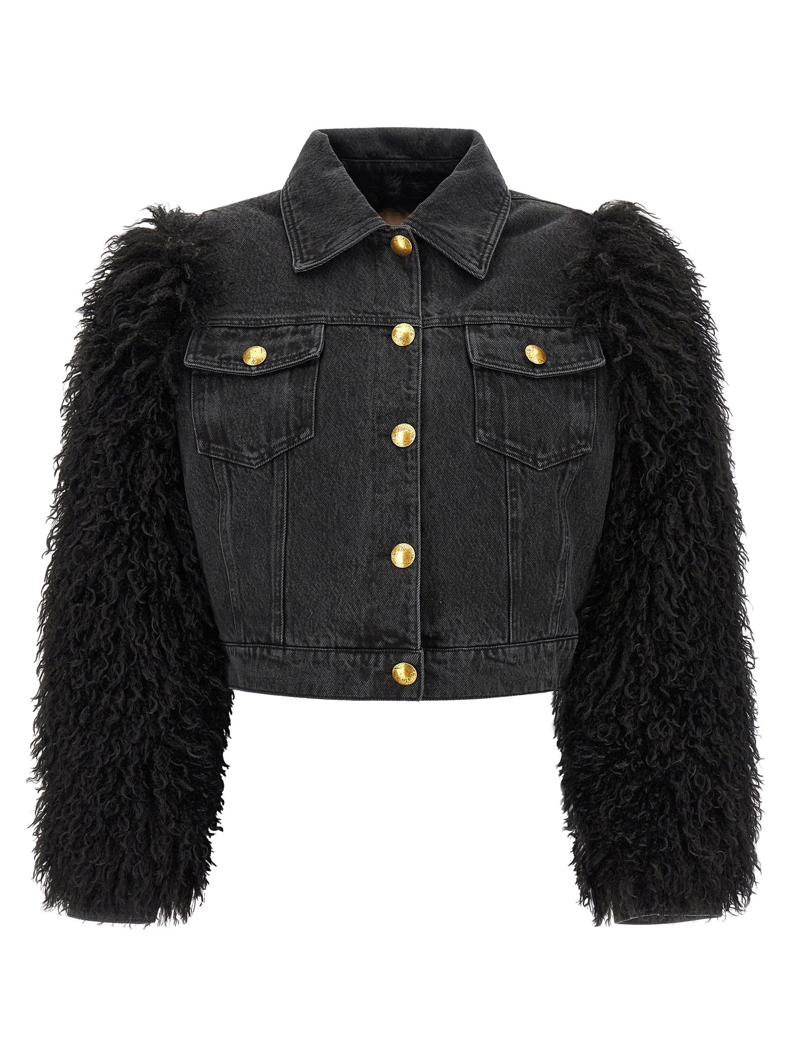 Twin Set Shearling-Sleeve Denim Jacket — Black by Twin-Set