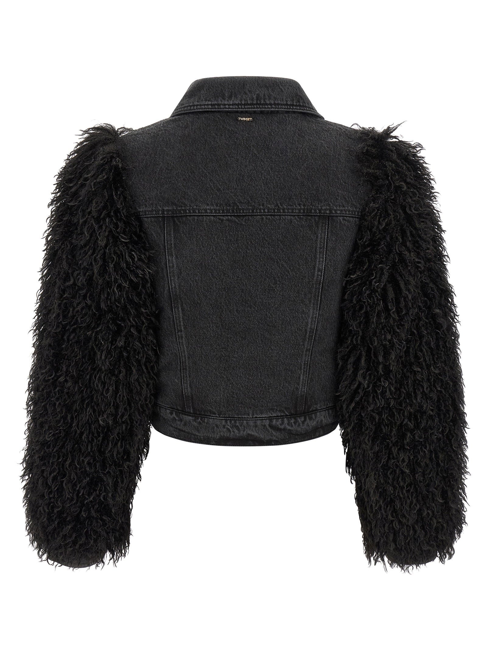 Twin Set Shearling-Sleeve Denim Jacket — Black, view 2