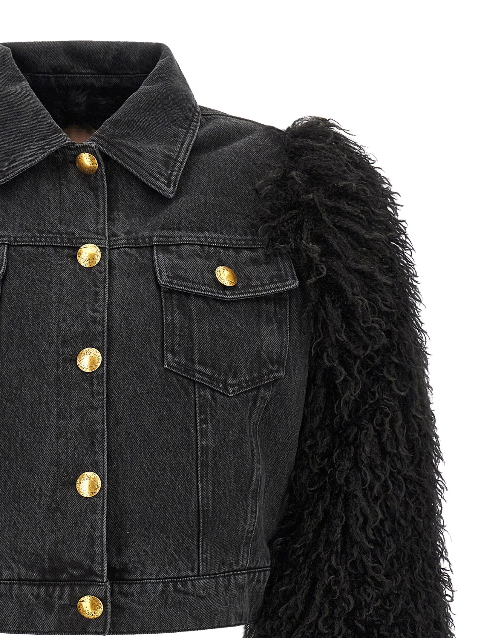 Twin Set Shearling-Sleeve Denim Jacket — Black, view 3