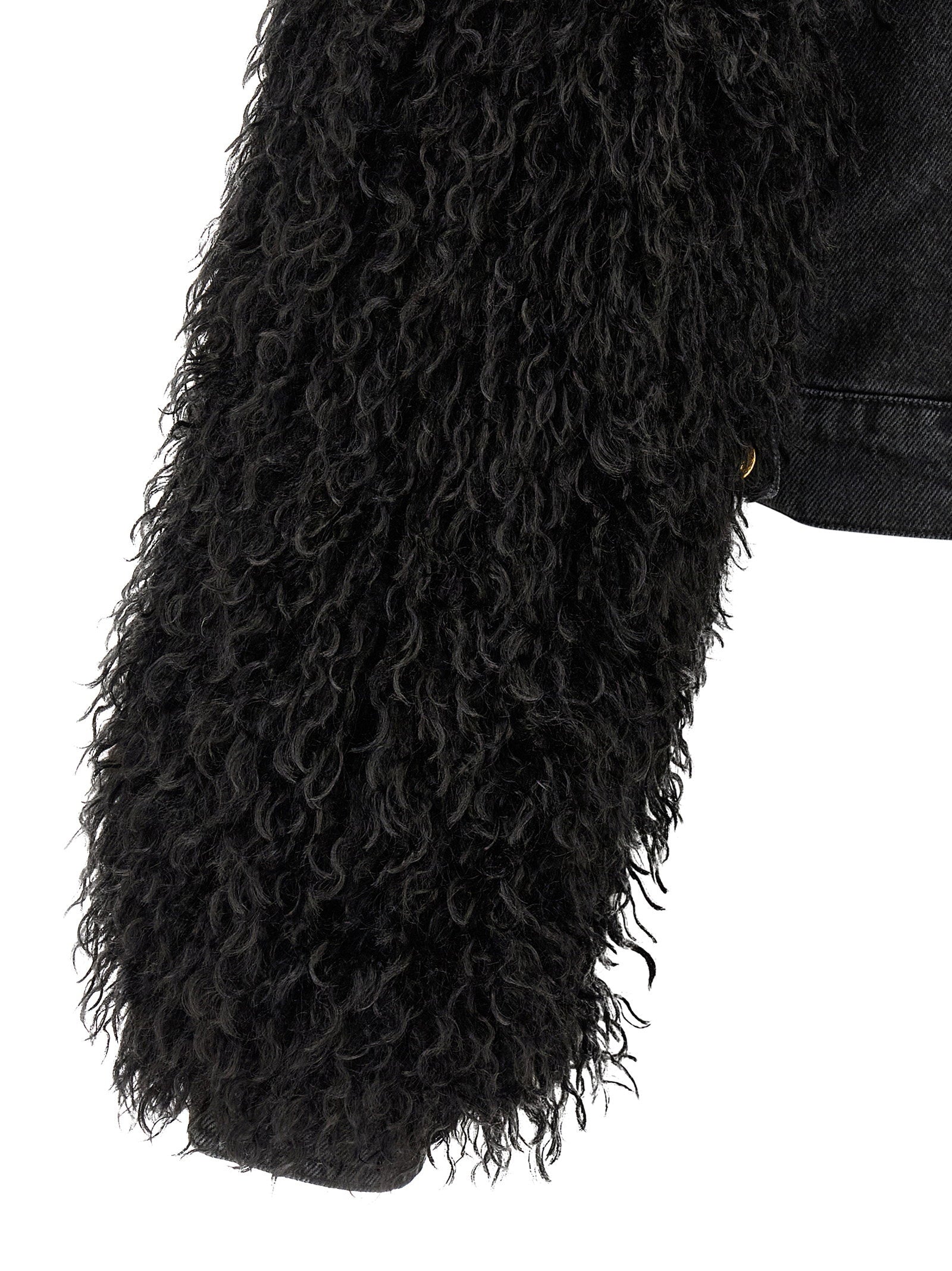 Twin Set Shearling-Sleeve Denim Jacket — Black, view 4