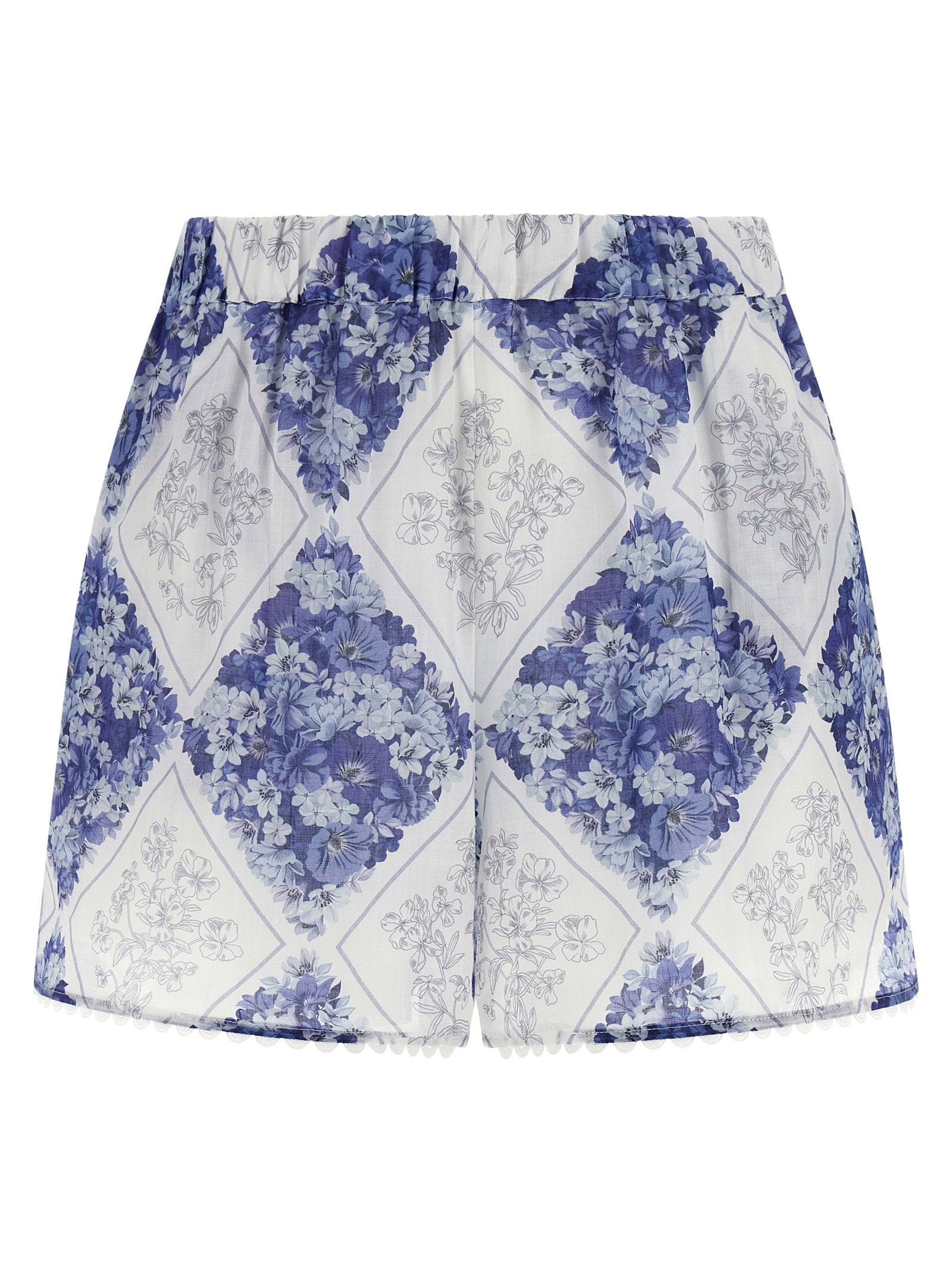 Twin Set Floral Lozenge Print Ramie Shorts — Blue by Twin-Set