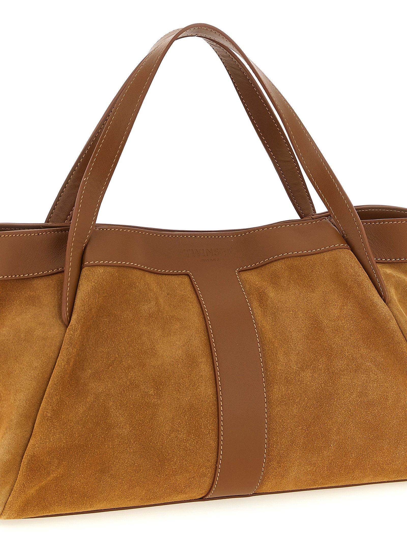 Twin Set Suede and Leather Two-Tone Shoulder Bag — Tan, view 3
