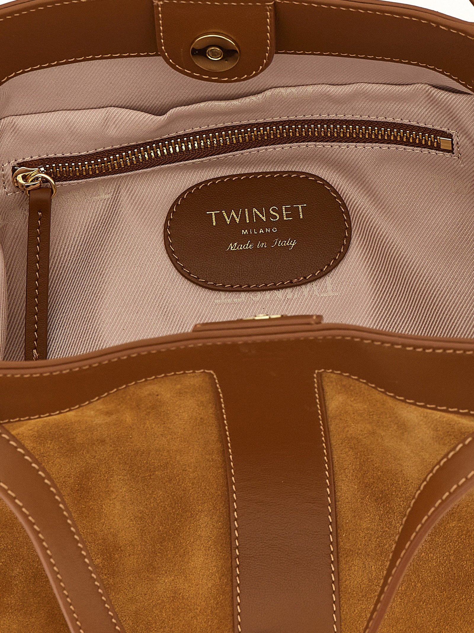 Twin Set Suede and Leather Two-Tone Shoulder Bag — Tan, view 4