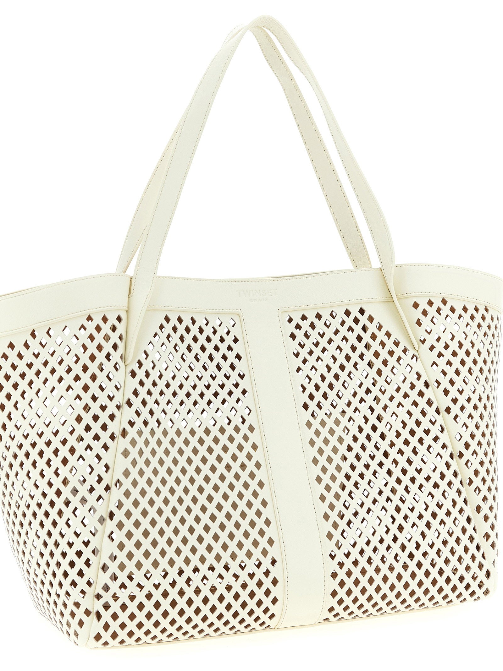 Twin Set Openwork Leather Tote Bag — Cream, view 3
