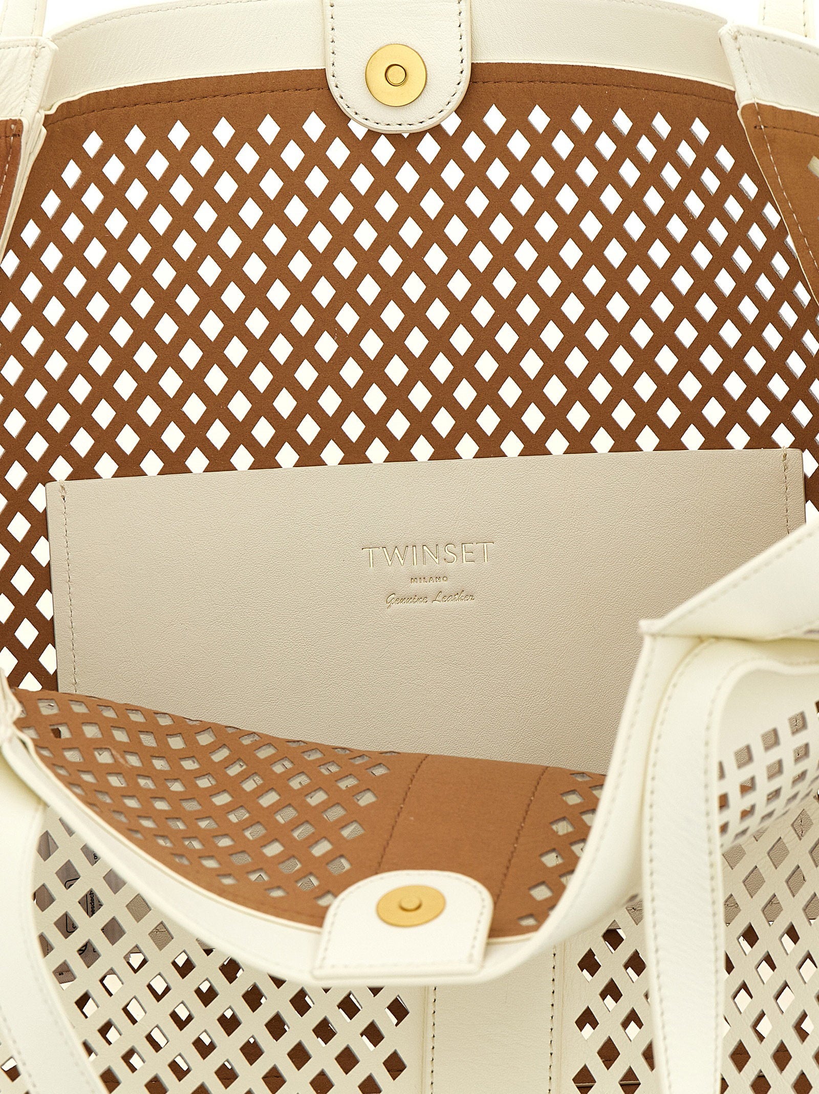 Twin Set Openwork Leather Tote Bag — Cream, view 4