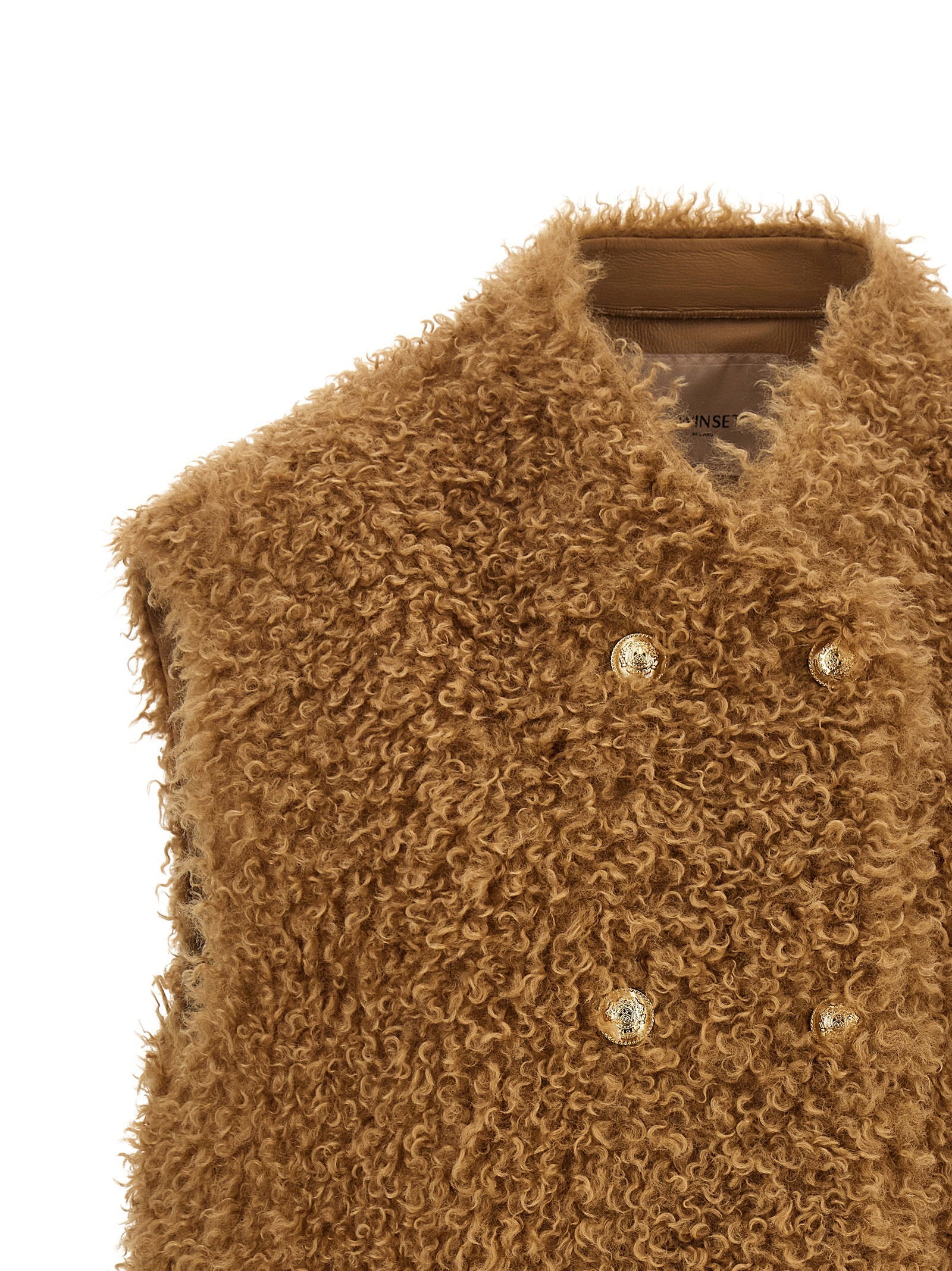 Twin Set Teddy Soft Double-Breasted Vest — Camel, view 3