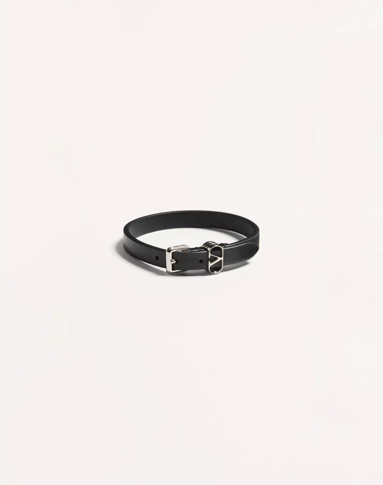 Valentino Garavani Logo-Buckle Leather Bracelet — Black by Valentino Garavani