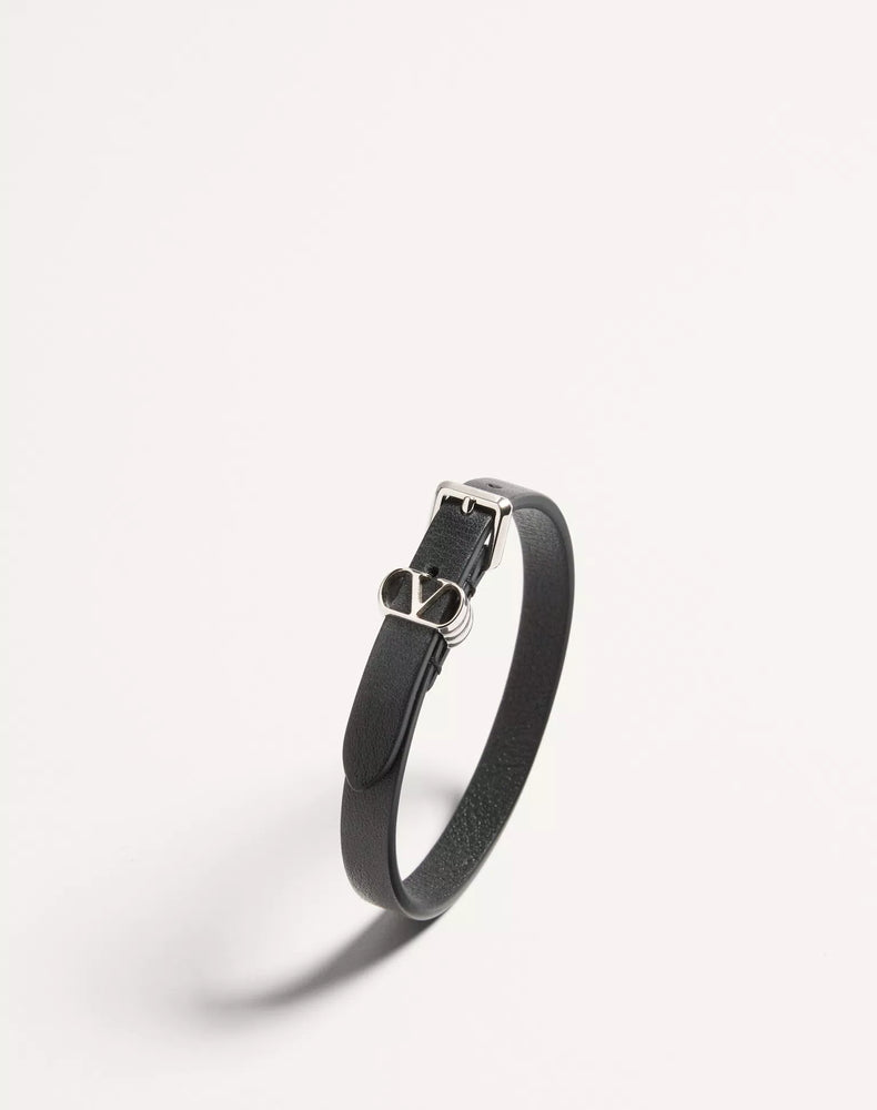 Valentino Garavani Logo-Buckle Leather Bracelet — Black, view 2